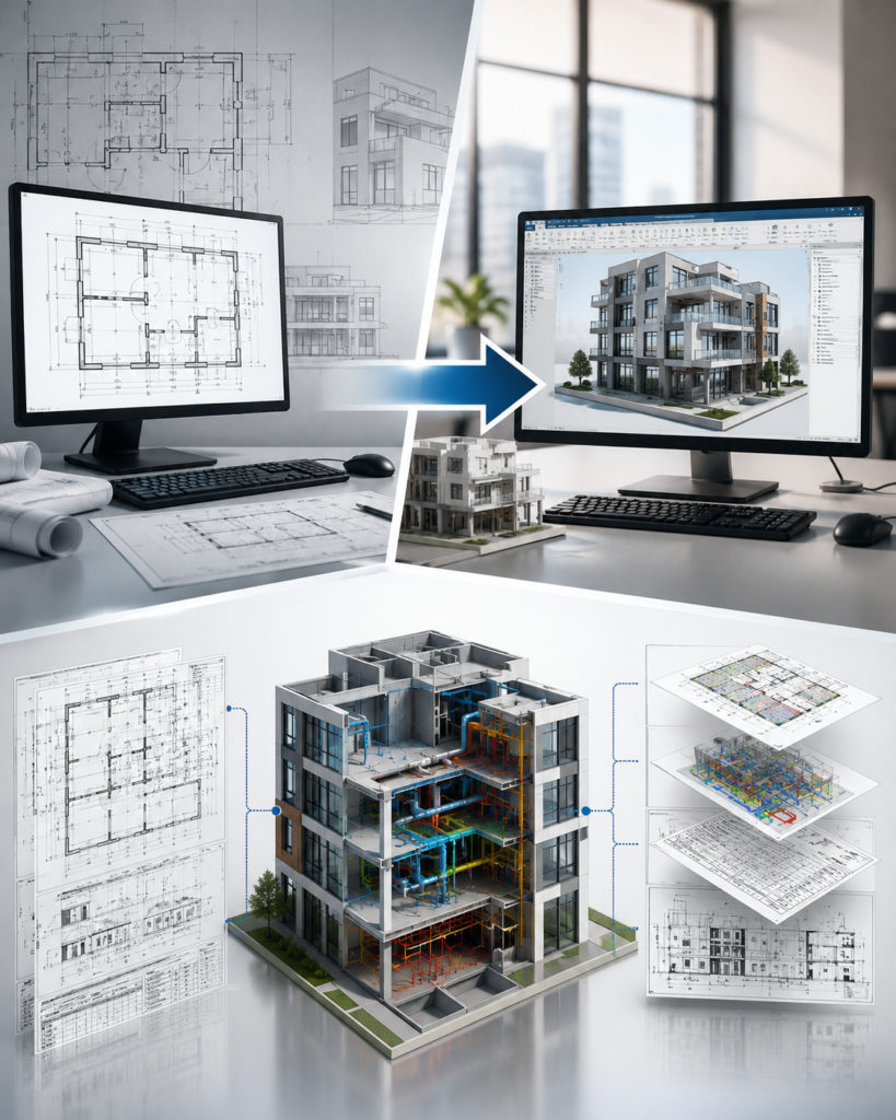 Moving from CAD to BIM and Revit — professional architectural workspace showing the transition from 2D CAD drawings to a coordinated 3D BIM building model with documentation and multidisciplinary services coordination.