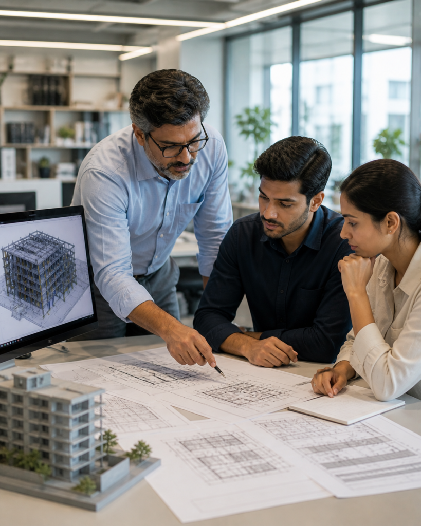 Training Built Around Real AEC Project Workflows – mentor reviewing BIM model and construction drawings