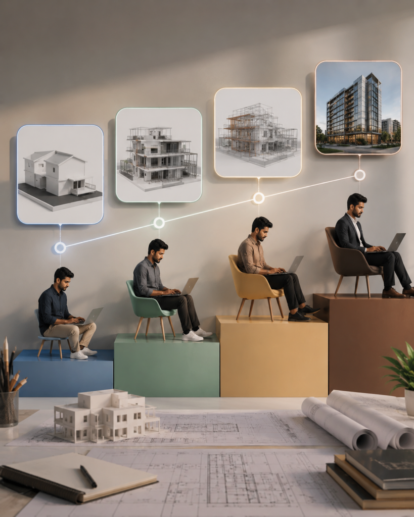 Choose Your Revit Architecture Learning Path - visual showing progressive Revit Architecture learning stages from essentials to professional project workflows