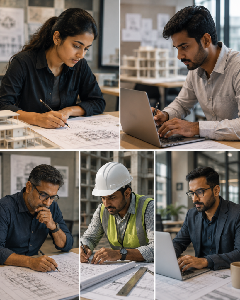 Who should join these Revit Architecture courses - close-up collage of architecture students, junior architects, senior architects, civil engineers and working AEC professionals learning Revit workflows
