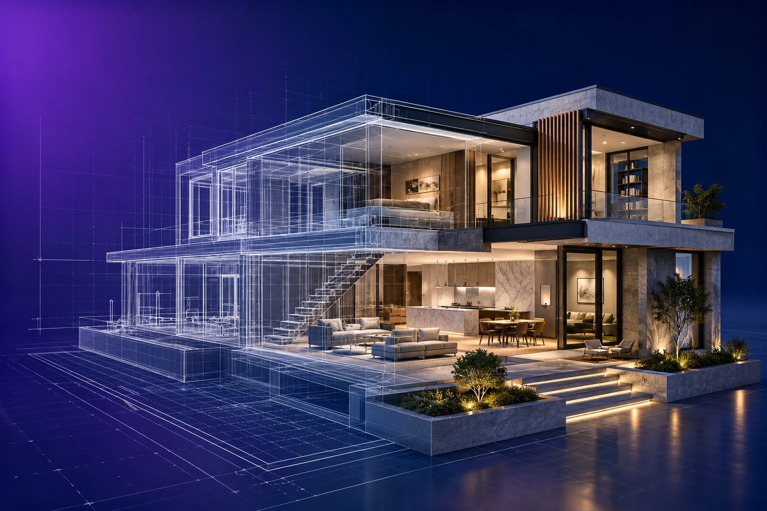 Contemporary two-floor residence transitioning from BIM wireframe to architectural visualisation