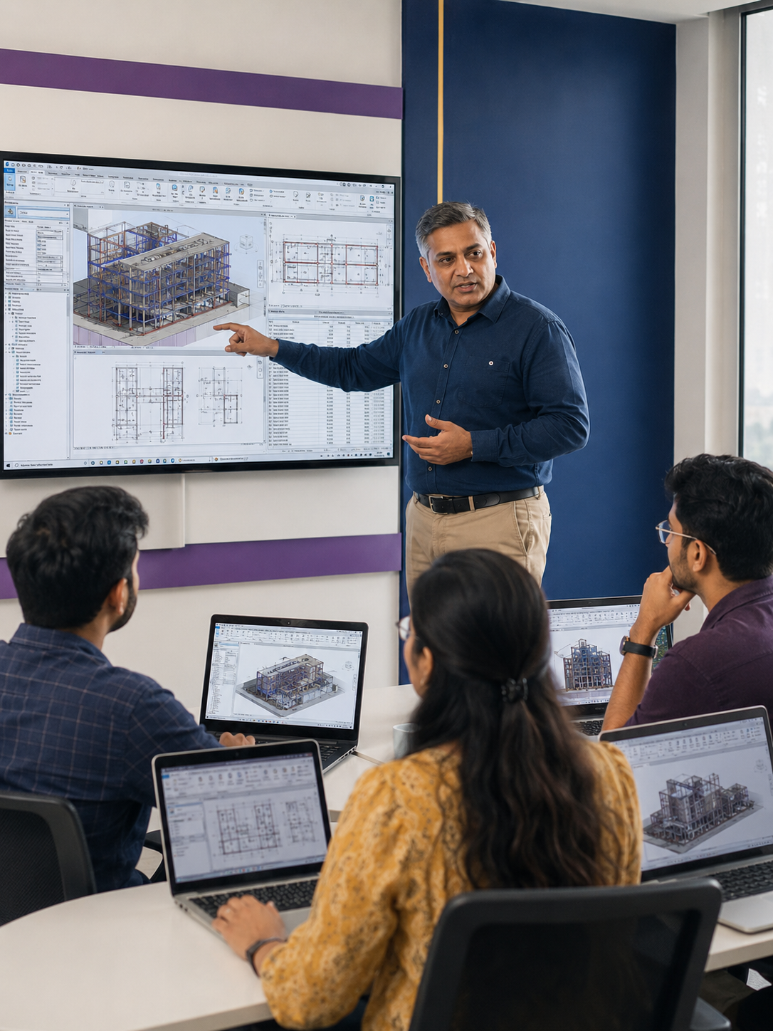 Instructor teaching professional BIM workflows using digital models on screens