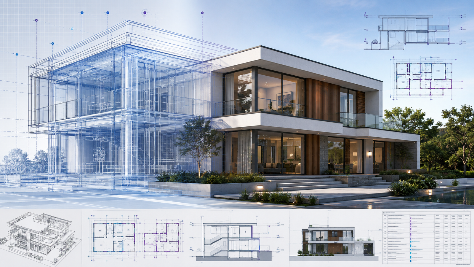 Contemporary two-floor residence transitioning from a BIM wireframe model to a rendered architectural project with coordinated plans, sections and schedules